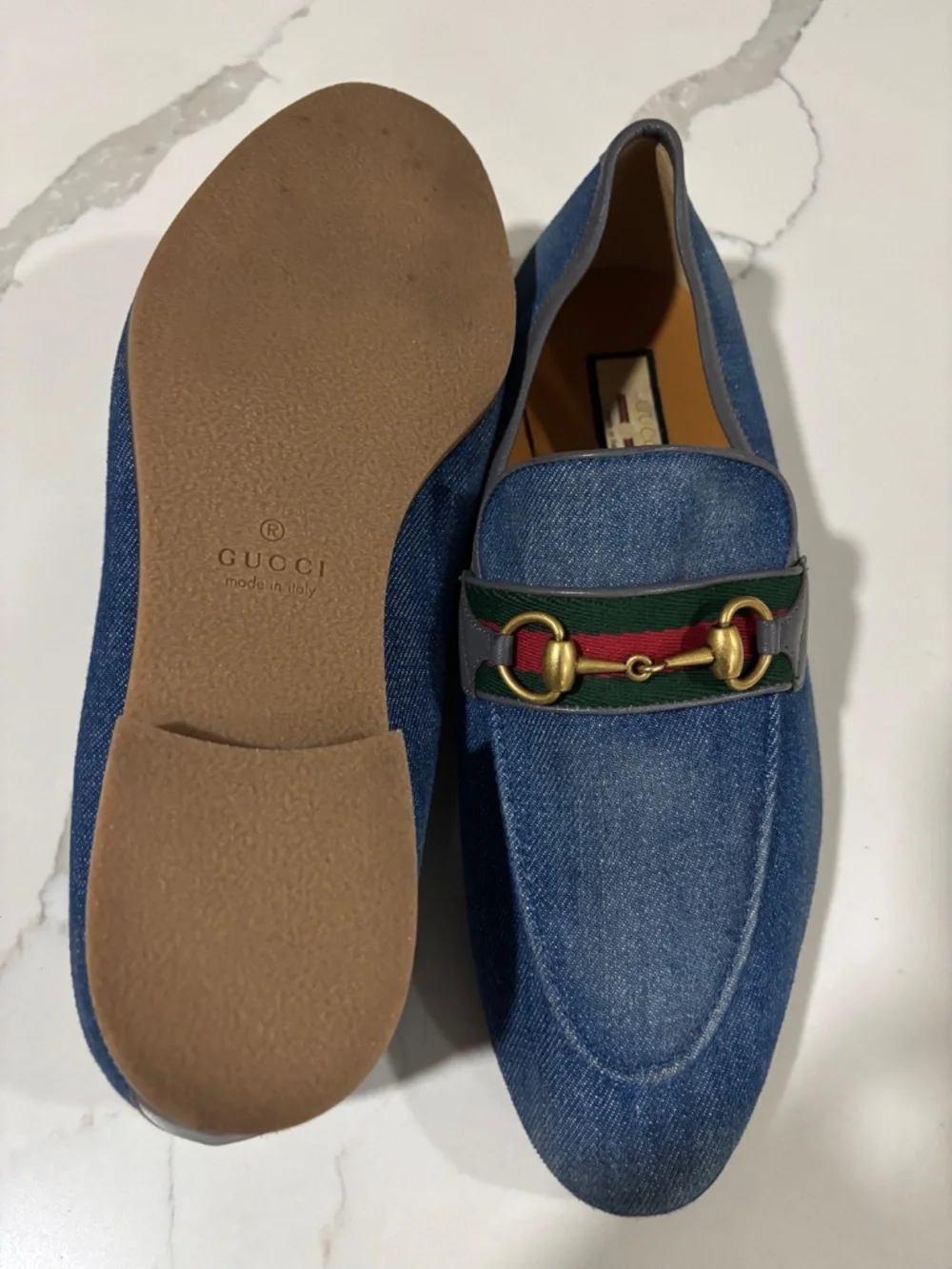 Gucci Blue Denim Horsebit Loafers with Green and Red Web